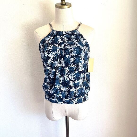 Michael Kors Palm Mix High-Neck Blouson Tankini Top Navy Small - Picture 2 of 16